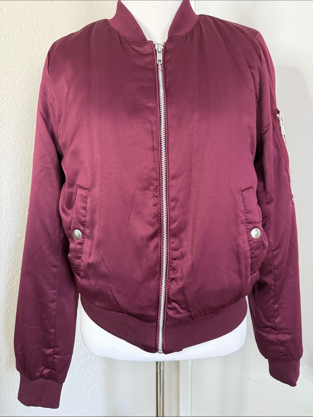 Ambiance Burgundy Satin Bomber Jacket
